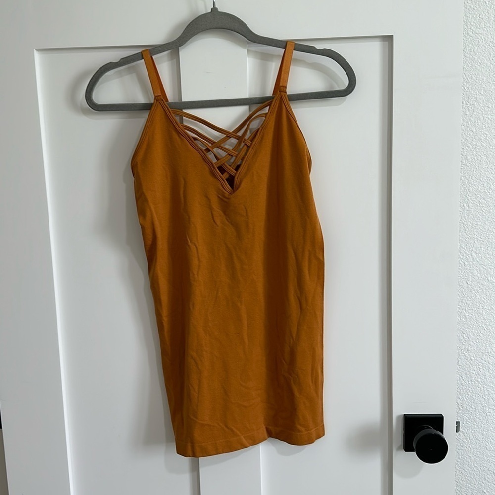 Zenana Outfitters Women's M Criss Cross Front Cami Tank Mustard Gold Layering